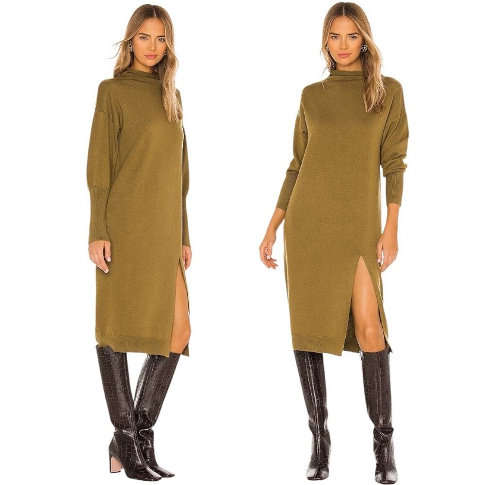Line & Dot Beverly Olive Green Mock Neck Knit Dress Midi Slit Revolve Size Small